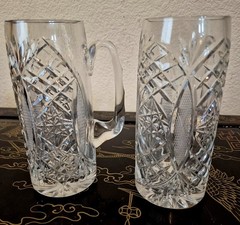 2 Large 7″ Bohemian Crystal Cut Clear Glass Mug Pair Vase Handles 1.75 Lbs Each!