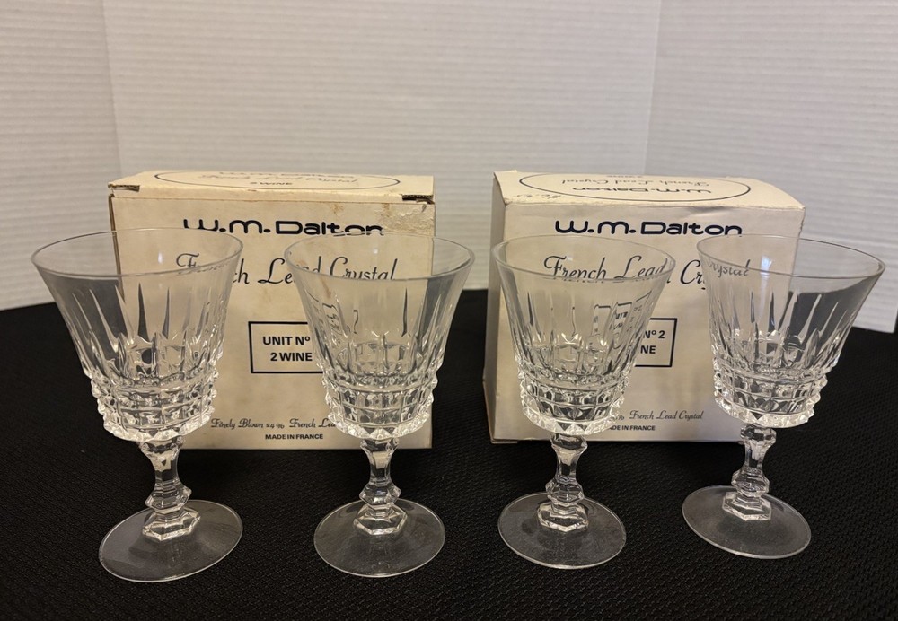 Vintage Set Of 4 W.M. Dalton French Lead Crystal Wine Glasses In Boxes