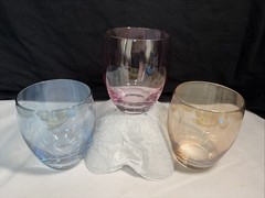 3 Iridescent Roly Poly Stemless Glasses Vintage Barware Gold Blue Purple 16oz