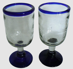 2~Hand Blown~ART GLASS~Bubbles~COBALT RIM & FOOT~5.75″x2.5″~WINE GLASS~Mexico