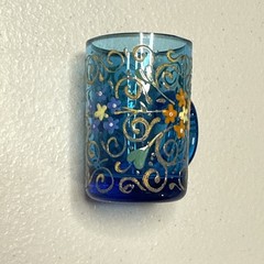 Bohemian Hand Enameled Orange Floral Blue Glass Cordials C. 1890s