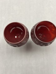 Ruby Red Wine Glasses Round Bowl Goblets Floral Etched, Clear Stems, 20 oz (2)