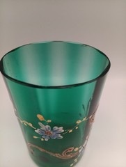Victorian Optic Hand Blown Green Glass Gold Enameled Tumbler Flowers READ