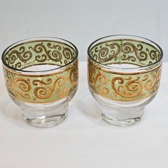 Culver Toledo 22k Gold and Green Glass Lowball Set of 2 Vintage