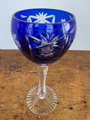 Czech Bohemian Crystal Cobalt Blue Cut To Clear Stem Stemware Wine Glasse 8 1/8″