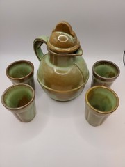 Vintage Frankoma Plainsman Green Guernsey Jug Pitcher Lid Juice Tumblers Set