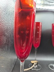 2-Ruby Red Hand Blown Champagne Glasses With Clear Stems Etched Atomic Starburst