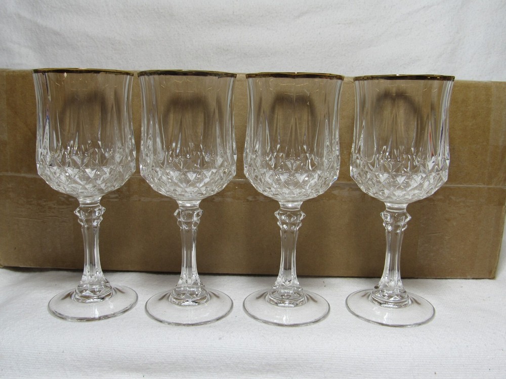 4 Cristal D’Arques Gold Rimmed 24% Crystal Wine Goblets 6.5″ Tall Made in France