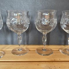 1930s Seneca Clear Crystal Water Goblets Laurel Wreath Leaf Cut 5pc Glows 365nm