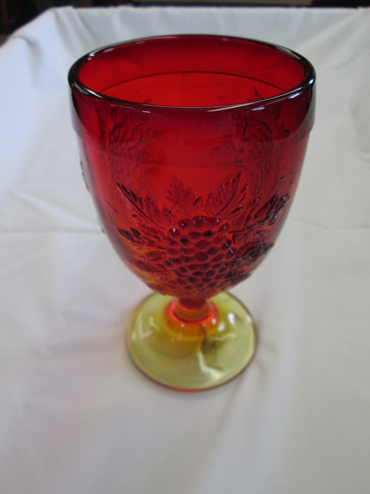 Vintage Pressed Glass Footed Goblet ~ Red Yellow Ombre with Grape Motif