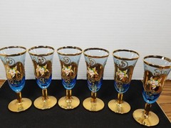 6 Vintage Bohemian Cobalt Cordial Hand Painted Shot Glass Gold Decoration