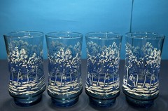 Libbey St. Clair Glasses Blue & White Woodland Scene 10oz. Set/4 EUC