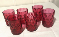 6 Vintage Cranberry Red Glass Tumblers/Inverted Optic Coin Dot/Thumbprint Set