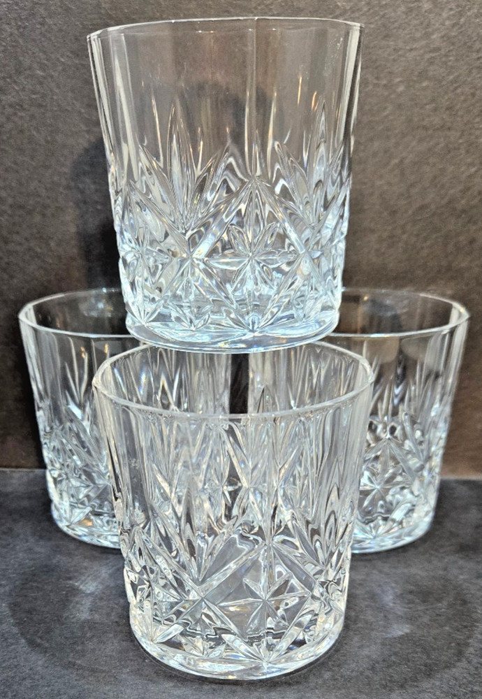 Set of 4 Cristal D’Arque, Chantilly Pattern, Whiskey Lowball Glass, 3 1/8″ Tall