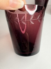 Vintage MCM Amethyst Glass Tumblers Hand Etched Botanical Leaf Pattern Set