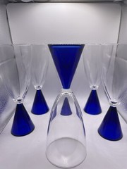 Sasaki Eon Blue 7 1/2″ Water Goblets Blue Stem Clear Bowl – Set of 6 Made Japan