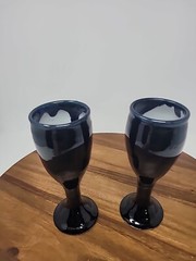 Two Black Art Pottery Wine Glasses Signed LH Evans Black