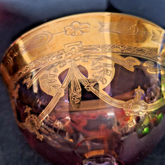 Vintage Cranberry Glass Champagne Coupe Gold Gilt Décor Bohemian Style