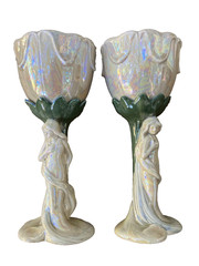 Fitz And Floyd Art Nouveau «Lily & Nymph» Lusterware Goblet Pair, 1978, EUC