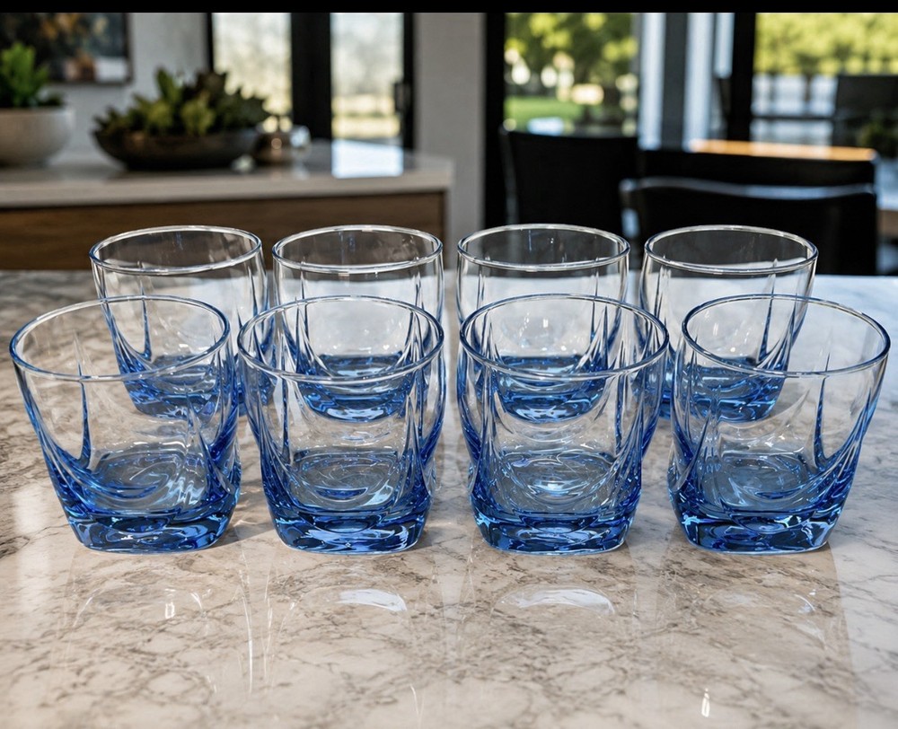 Set of 8 Heavy Blue Tint Rocks Glasses 3¾” Old Fashioned Tumblers 325g Each