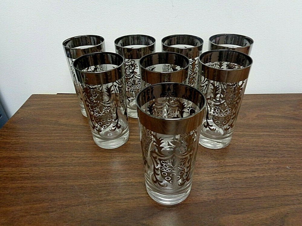 Set of 8 vintage Kimiko Guardian Silver Print High Ball Glasses