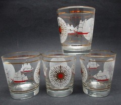 4 Libbey CLIPPER SHIP COMPASS double rocks MCM barware glasses 22ktgold trim