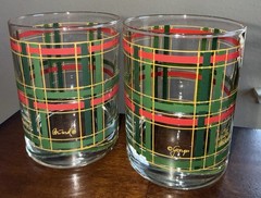 (4) Georges Briard Rocks Glasses Double Old Fashioned Red Green Gold Plaid 12oz