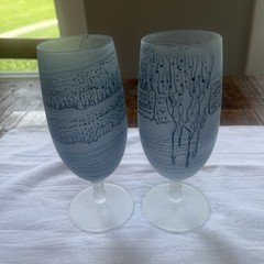 Vintage Rueven Hebron Frosted Glass Wine Goblet Hand Painted Blue Set Of 2