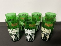 Vintage Forest Green Gold And White Pattern 6” Tumbler Glass Used Lot Of 7