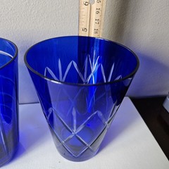 4 Cobalt Blue Cut To Clear Glasses Tumblers All Different Cut Patterns 4.75″