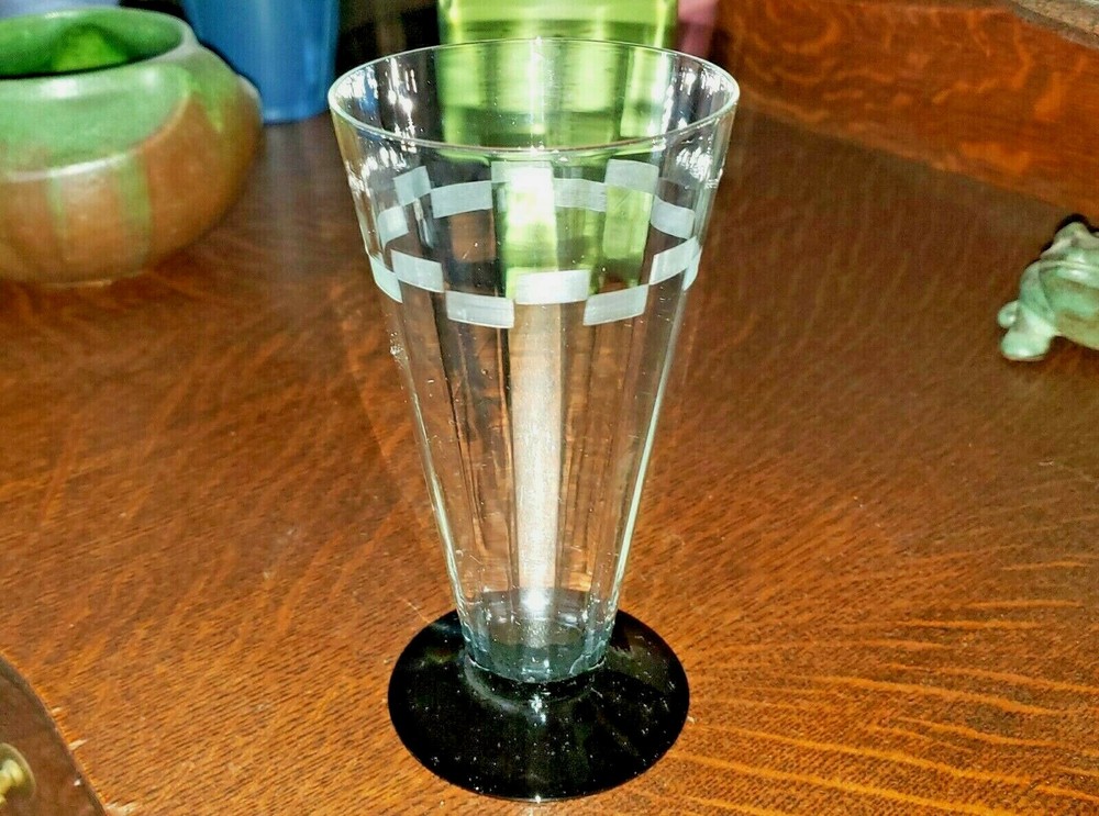 Art Deco LOUIE Black Foot Clear Etched Bowl 12oz 6″ Water Glass Tumbler 1930s