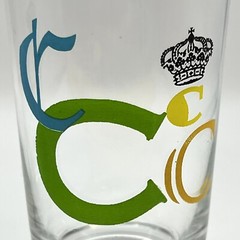 2 Vintage Embossed Monogram C Drinking Glasses Clear Blown Colorful Crown EUC