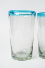Mexican Hand Blown Recycled Glass Aqua Blue Rim 6″ Tumblers Set of 3