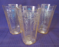 3-HOCKING GLASS CO. Princess Pattern Yellow Topaz 5 1/4″ Ice Tea Flat Tumblers