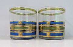 VTG 60’s Culver MCM Empress Barware Rocks Glasses Blue 22K Gold Trim (lot of 2)