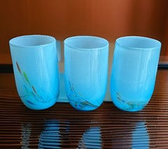 Dalian MCM Cased Hand Blown Art Glass Blue Multicolor 3 Tumbler Set