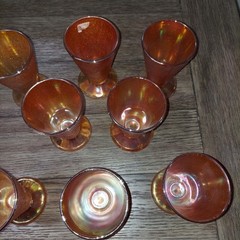 Vtg Set of 8 Carnival Glass Tumblers Marigold Orange Crackled Footed Juice Glass