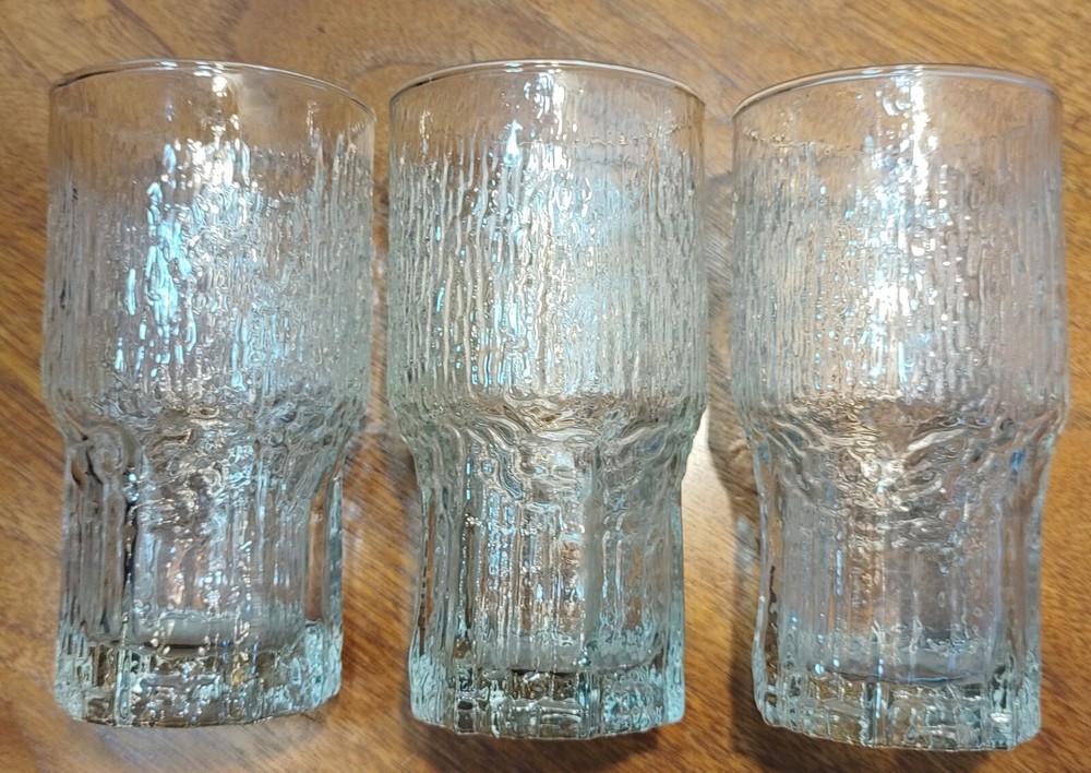 3 Indiana Glasses Crystal Ice Tumblers Stacking Vintage MCM Bark Texture