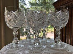 ELMIRA #17 AMERICAN BRILLIANT CUT GLASS WATER WINE GOBLETS (5) C.1903 6 3/4″H