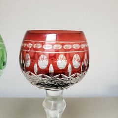 2 * Wine Hock Glasses RED & GREEN cut to Clear Crystal Triumph Imperial Estate