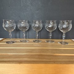 1930s Seneca Clear Crystal Water Goblets Laurel Wreath Leaf Cut 5pc Glows 365nm