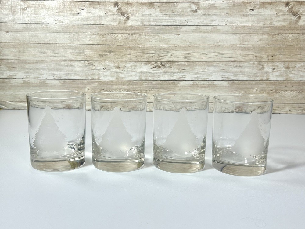 Low Ball Bar Glasses Set Of 4 Christmas Tree Etched Glass Holiday