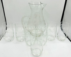 Vtg Cut Glass ETCHED Optic Petal & Leaves BEVERAGE Set Pitcher + 7 Glasses