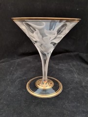 Moser Harrach Bohemian Art Nouveau Engraved Iris Gold Martini, Coupe, Champagne