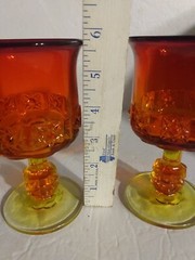 Pair LG Wright Daisy & Cube Goblets Amberina Orange Glow In Black Light 5.75″ T