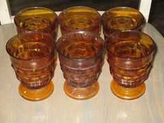 6 Vtg Indiana Glass Amber Whitehall Cubist Footed Drinking Glasses 3.3/4