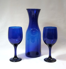 VTG Cobalt Blue Glass Wine Carafe & 2 Libbey Wine Goblets | Curated Barware Set