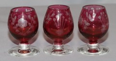 Set of 3 Vintage Miniature Cranberry Brandy glasses Etched Flowers
