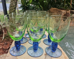 Pfaltzgraff Summer Breeze Green 17oz Goblets w/ Blue Stem Etched Leaf Set of 10
