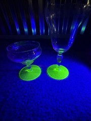 Vintage Etched Goblet Uranium Green Foot Set Of 13 Total- 9 Tall, 4 Short